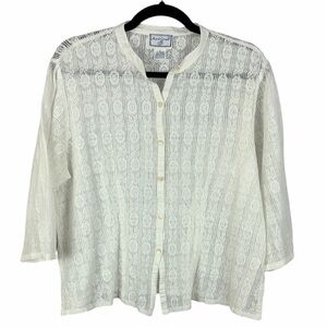 April Cornell White Lace Button Front Blouse Top Large 100% Cotton Cottagecore
